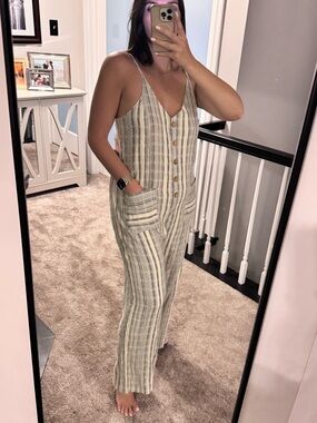 Rip Curl Blue White Striped Linen-Blend Spaghetti-Strap Jumpsuit